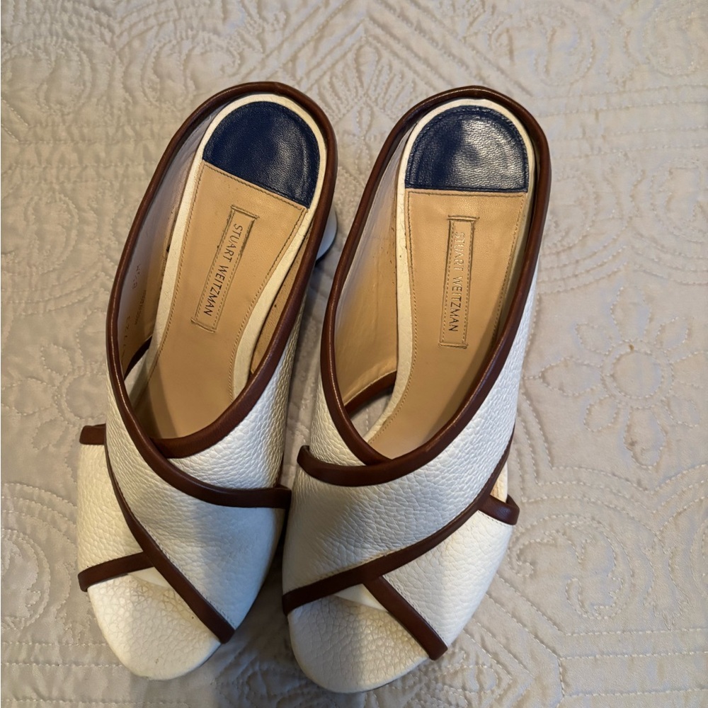Stuart Weitzman Cream and Brown Mules